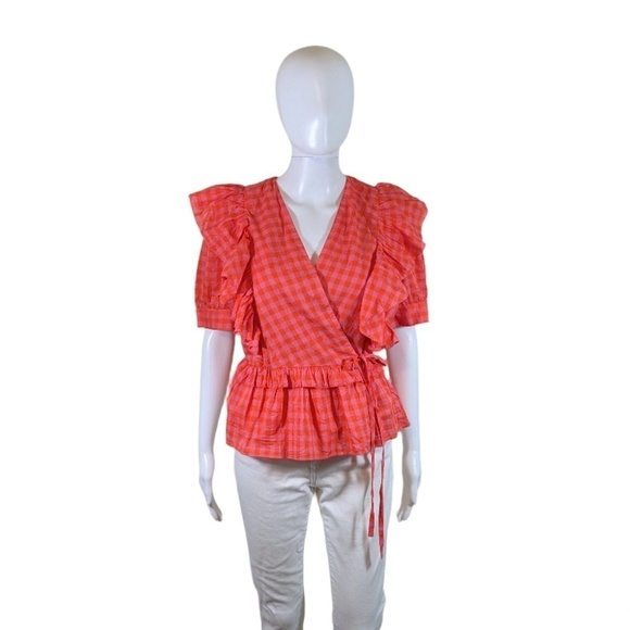 J. Crew Pink & Orange Check Wrap Blouse Size S - Picture 1 of 4